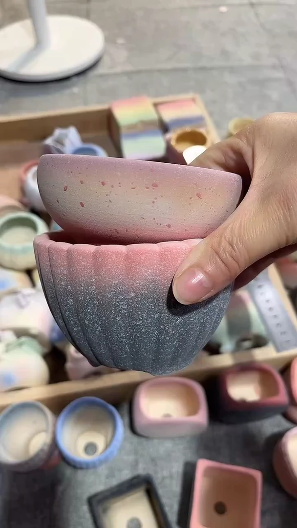 麦饭石粗陶多肉花盆两个（一个微瑕）