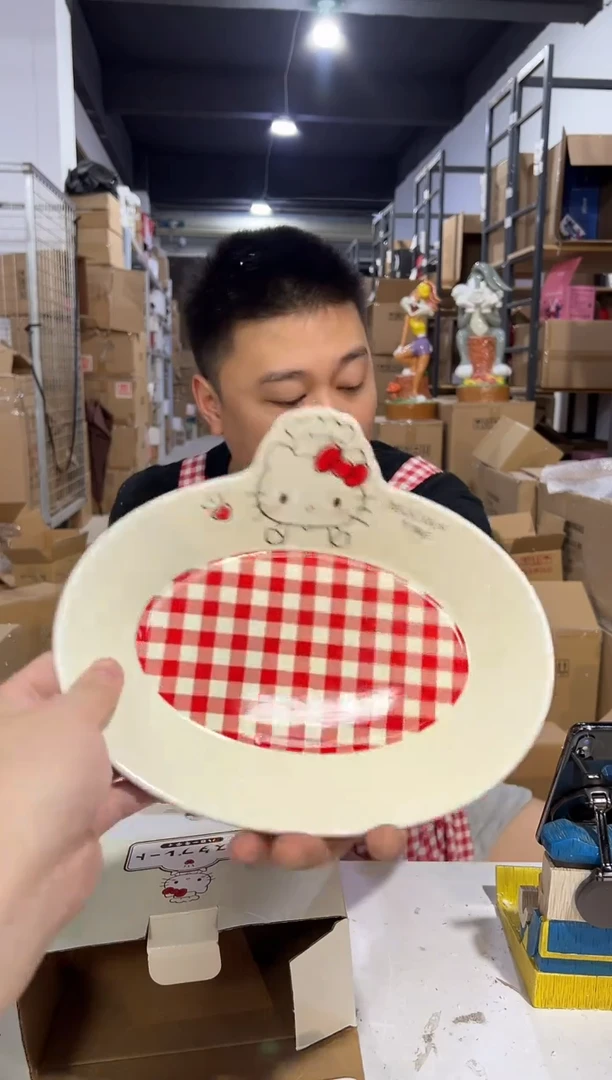 瓷片原盒kt猫红格子餐盘