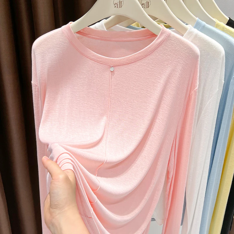 粉色高级感气质宽松圆领长袖上衣女夏季新款轻盈时尚防晒罩衫T恤