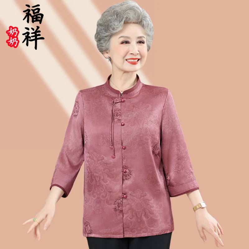 中老年人新款国风衬衫夏季装薄衬衫奶奶清凉衣服婆婆立领上衣女装