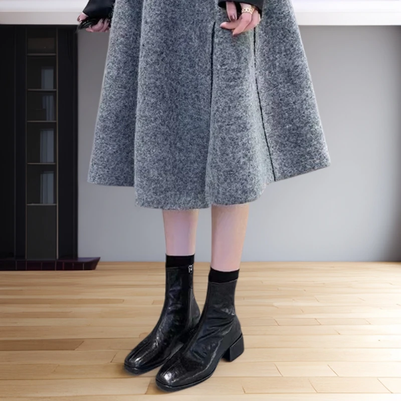 大叔女鞋家2025年秋冬季韩系方头软皮瘦瘦短靴粗跟厚底小踝靴子女