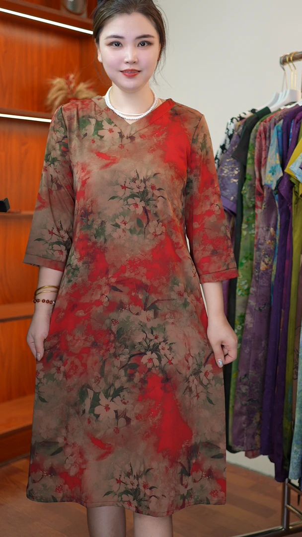 【红梅】夏季新款妈妈装时尚遮肉中长款显瘦连衣裙