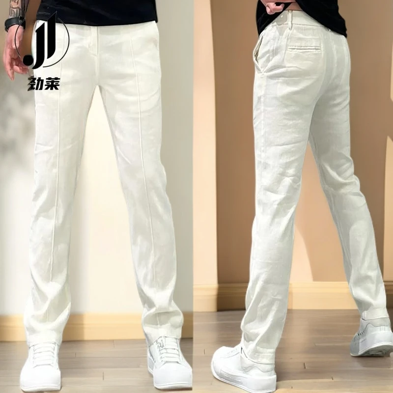 劲莱简约男士休闲裤速干欧货夏季薄款纯色修身直筒裤潮牌长裤男