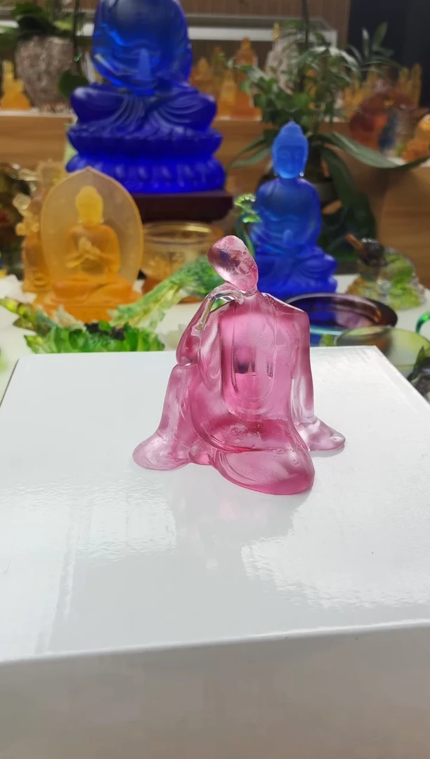 手工艺品琉璃粉色无相佛茶宠摆件9*9公分