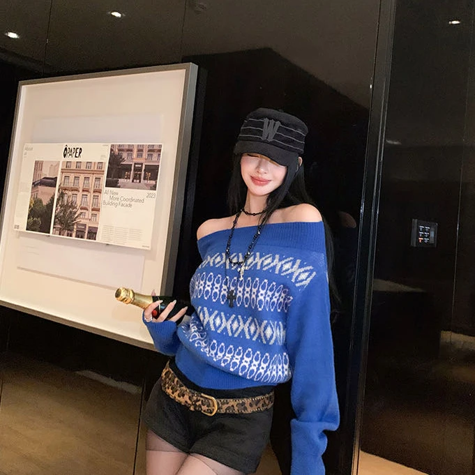 2025秋冬季针织衫女设计感慵懒复古一字肩套头费尔岛韩版毛衣长袖