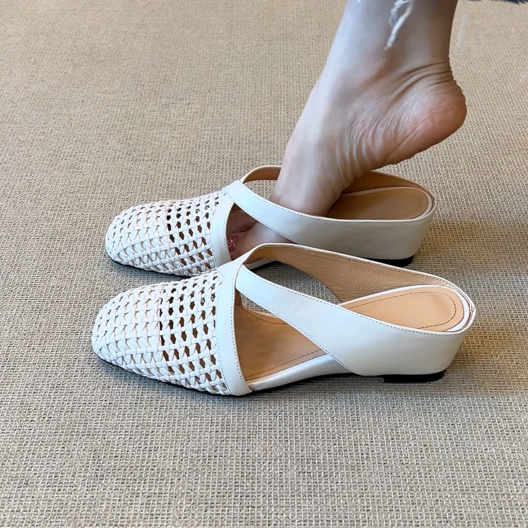 RubyL/5cm夏季新款简约休闲编织包头透气舒适百搭纯色坡跟拖鞋