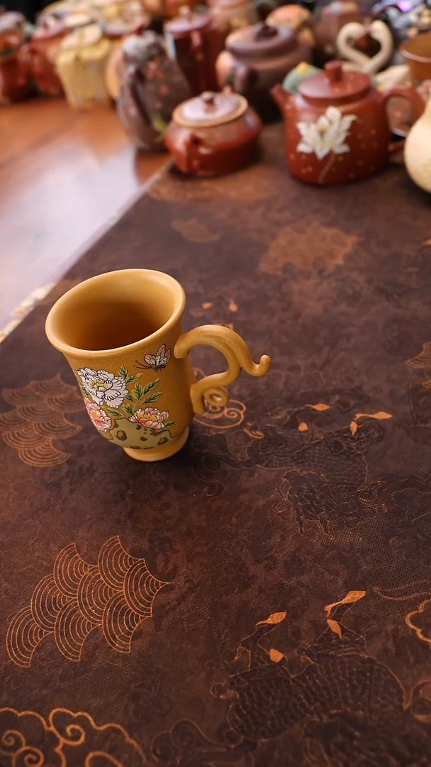 茶壶紫砂黄段牡丹把杯