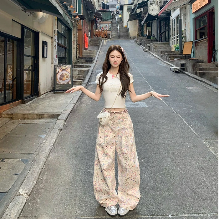 白色卡通印花直筒阔腿裤女2025春季新款高腰显瘦长裤休闲拖地裤子