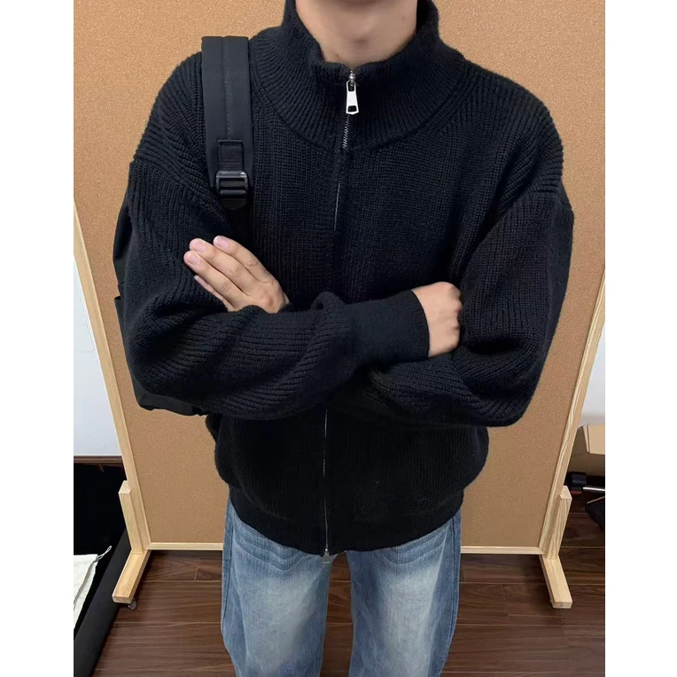 美式半高领开衫毛衣男秋季外穿复古针织线衣高级感双拉链立领外套
