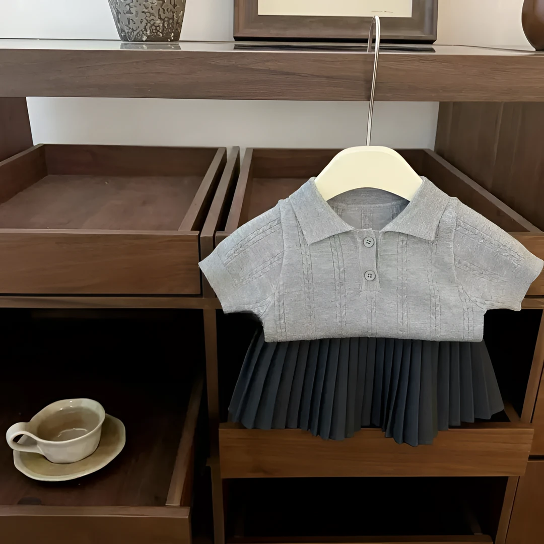 【黑妞妞】女童学院风套装新夏季女宝宝洋气针织POLO百褶短裙GD029