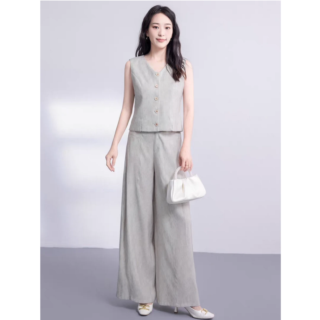T600时尚气质亚麻套装女减龄显瘦马甲阔腿裤夏季新款