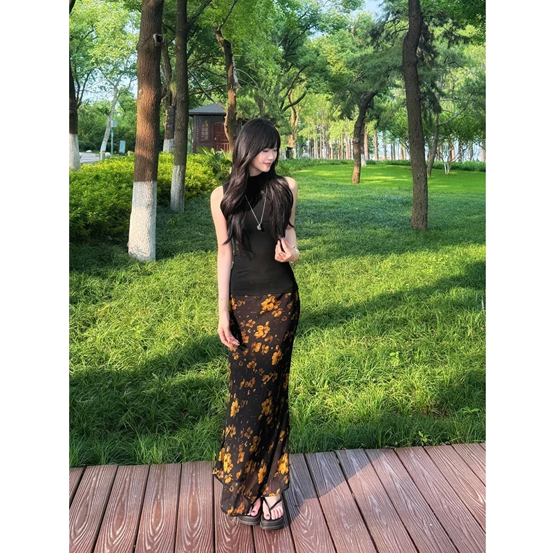 法式高级感黄玫瑰碎花半身裙女夏季薄款松紧腰开叉显瘦包臀鱼尾裙