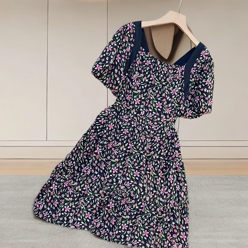 微胖mm大码女装夏季新款加肥雪纺收腰显瘦法式洋气减龄连衣裙2160