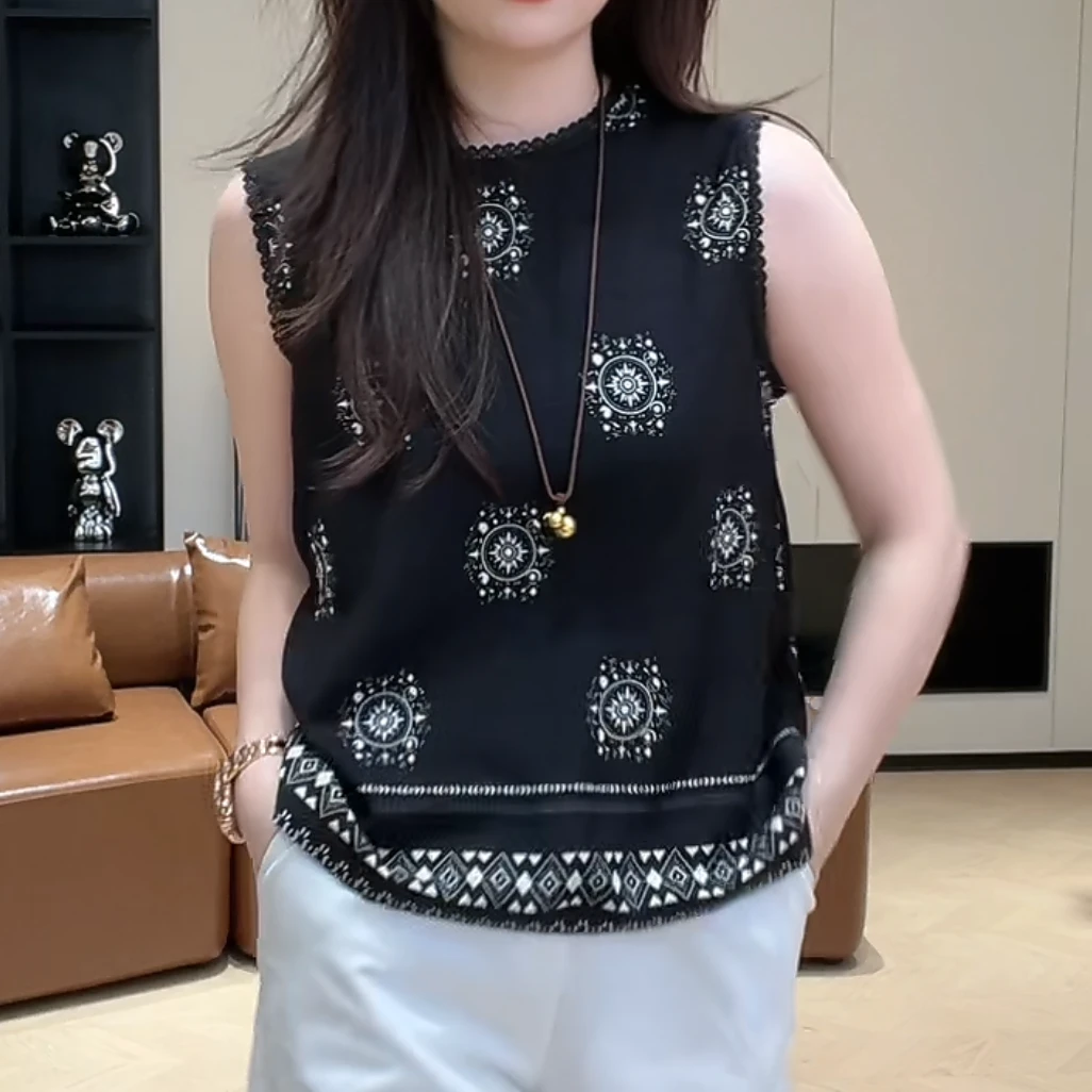 韩系复古百搭设计款时尚宽松印花背心女2025夏季新款减龄无袖上衣