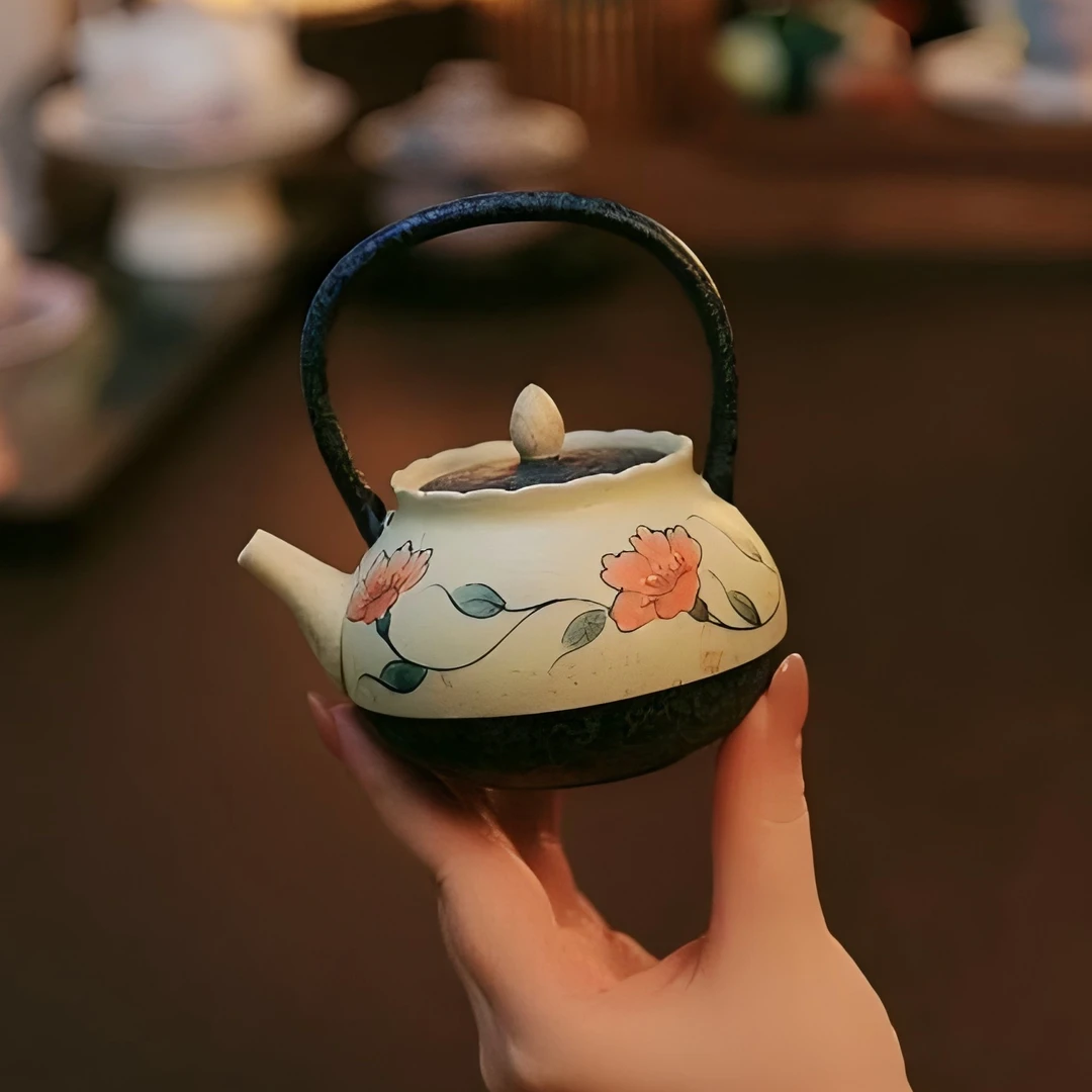 缠枝玉茗青花焦糖釉全手绘釉下彩青云茶斋陶瓷茶具提梁壶