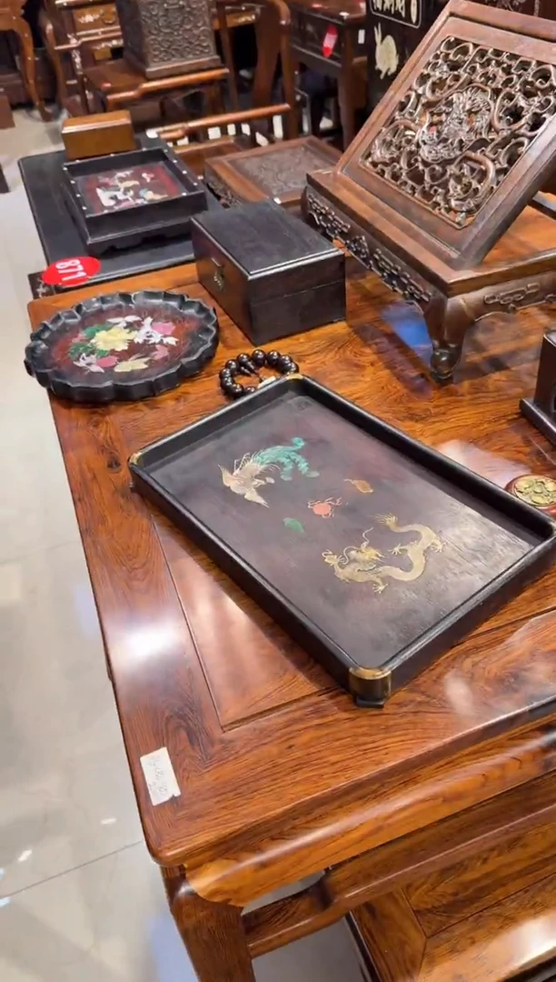 木木头款紫檀龙凤铜角茶盘128