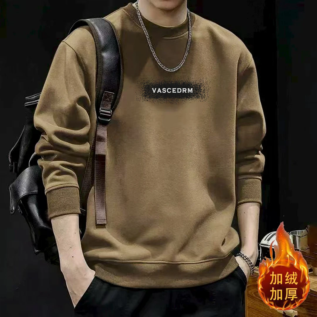 加绒加厚卫衣超柔保暖一体绒秋冬长袖百搭圆领男士上衣（点点字母）