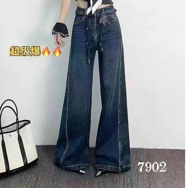 小鑫肝@南韩高货重工侧边烫钻装饰腰带减龄阔腿牛仔裤 7902