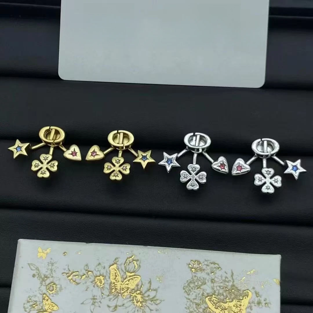 铜合金珐琅耳饰 D家  新款古金色饰字母水晶不对称耳钉