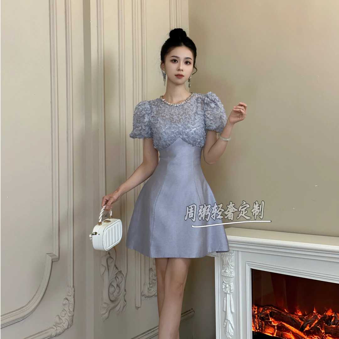 【周粥定制】蕾丝气质显瘦小个子法式收腰时尚轻奢连衣裙21156短款