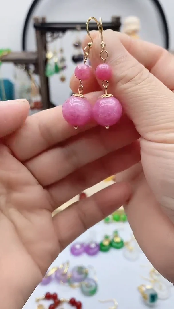 14K金镶嵌菱锰矿（红纹石）耳饰36