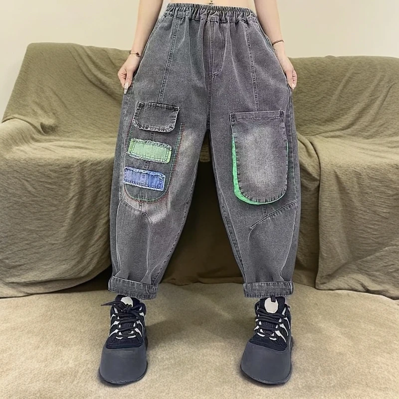 2025春款高货刺绣宽松厚款绿口袋休闲松紧水洗哈伦裤牛仔大码
