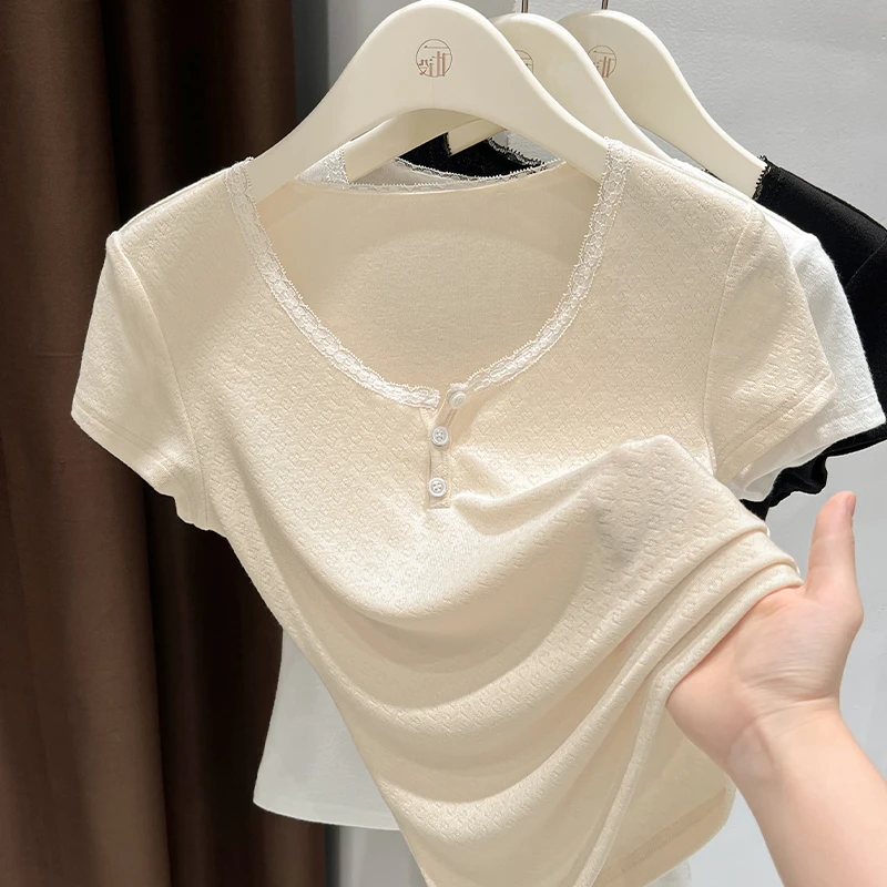 黄色薄款软糯亲肤针织圆领打底衫女夏季爆款内搭洋气纽扣T恤上衣