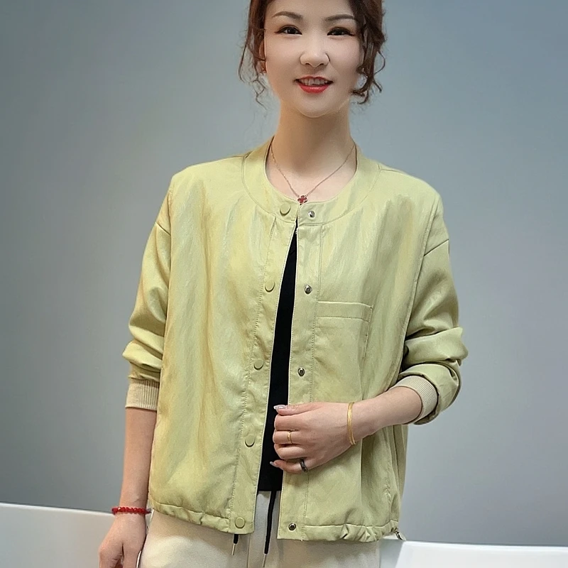 春季新款时尚百搭妈妈装皮夹克外套气质显瘦休闲洋气圆领长袖皮衣