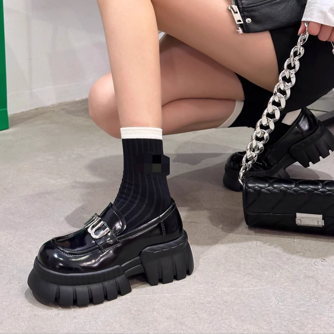 厚底7cm亮面乐福鞋女2025春季新款懒人一脚蹬黑色单鞋真皮小皮鞋