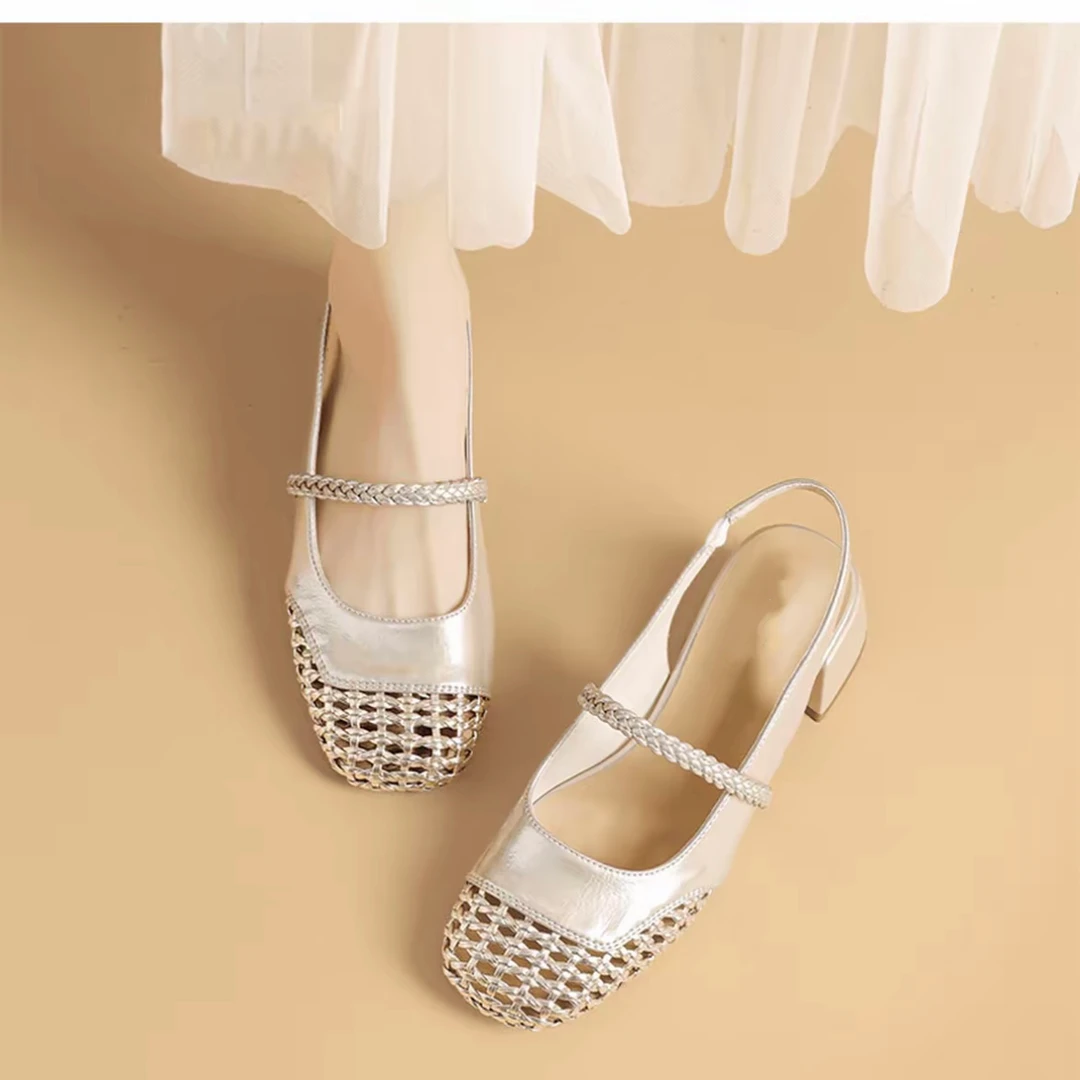 镂空玛丽珍鞋女2025夏季新款透气编织粗跟百搭浅口包头单鞋1757