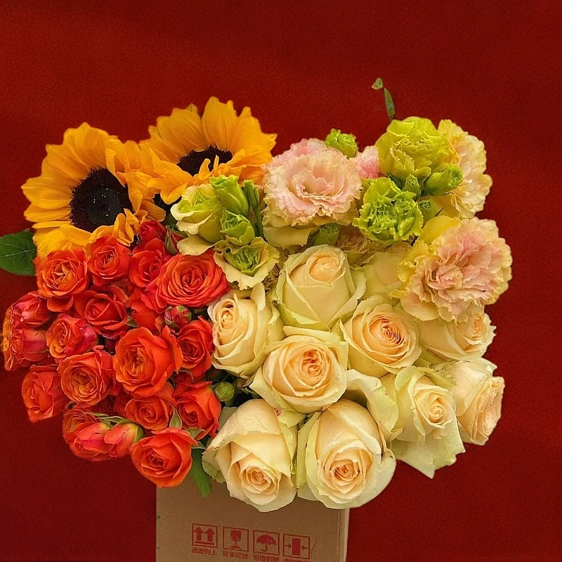 【年宵花】香槟玫瑰1扎+橙芭比3支+洋桔梗1扎+向日葵2支+配草1扎