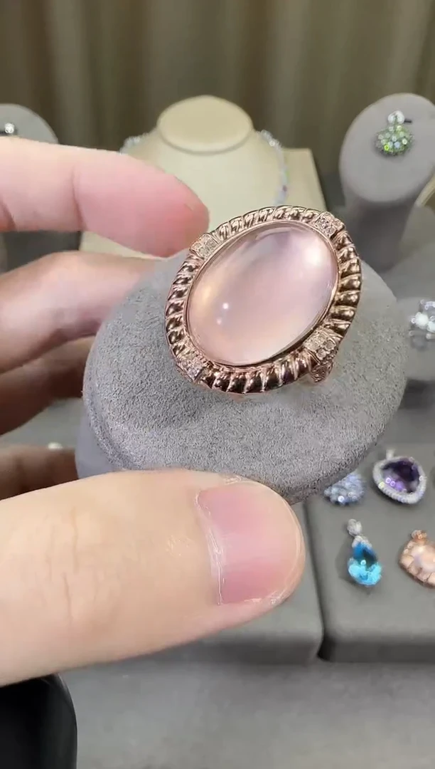 银S925镶嵌戒指芙蓉石13*18mm星光粉水晶