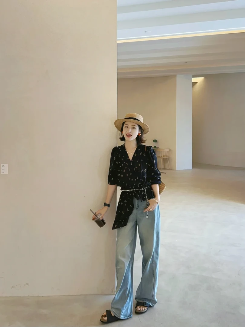 2025夏季新款法式气质碎花泡泡袖雪纺薄款衬衫女牛仔裤显瘦两件套