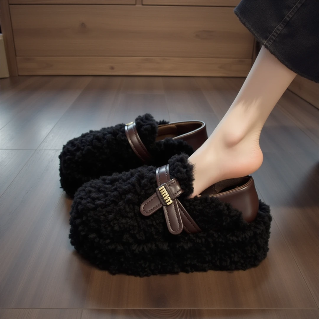 羊羔绒超厚底毛毛鞋女高级感加绒网红欧货黑色加绒保暖一脚蹬棉鞋