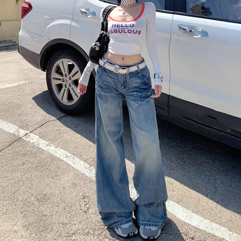 美式复古低腰辣妹微喇牛仔裤女2025夏季新款百搭显瘦阔腿直筒裤子