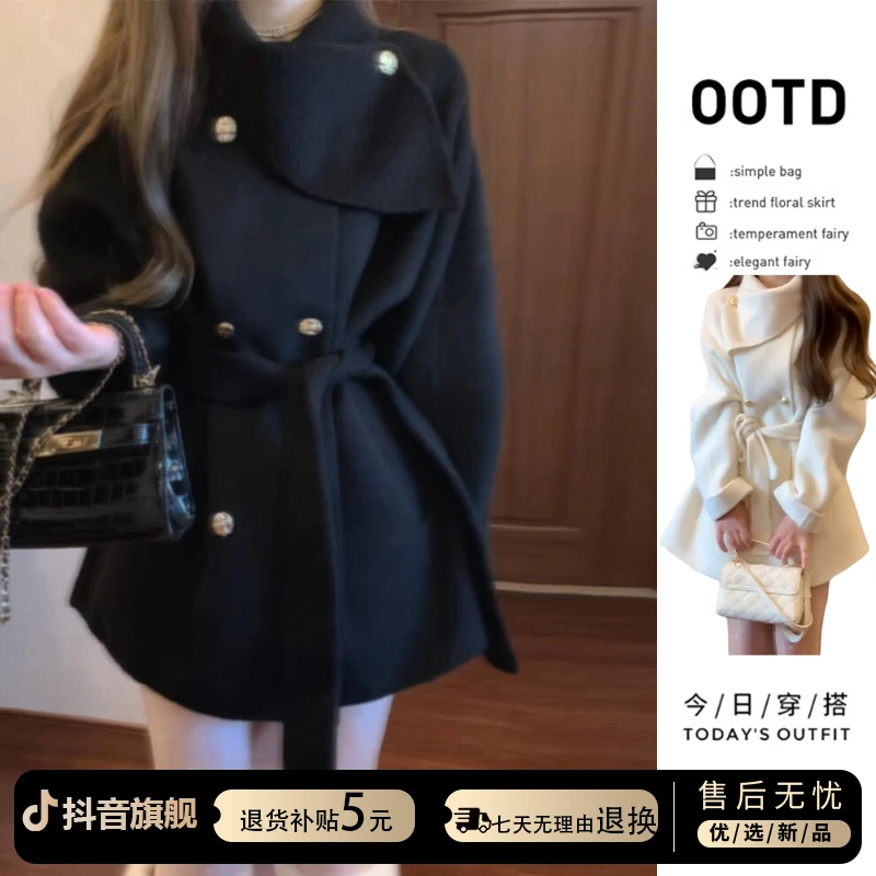 赫本风黑色呢子大衣女秋冬2025新款高级感小个子加厚短款毛呢外套