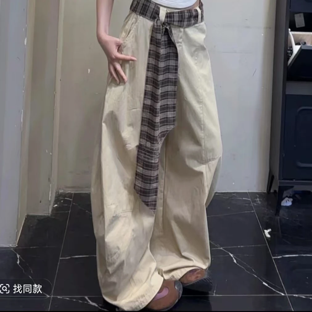 夏季新款女美式复古百搭设计感拼接格子松弛感宽松阔腿弯刀拖地裤