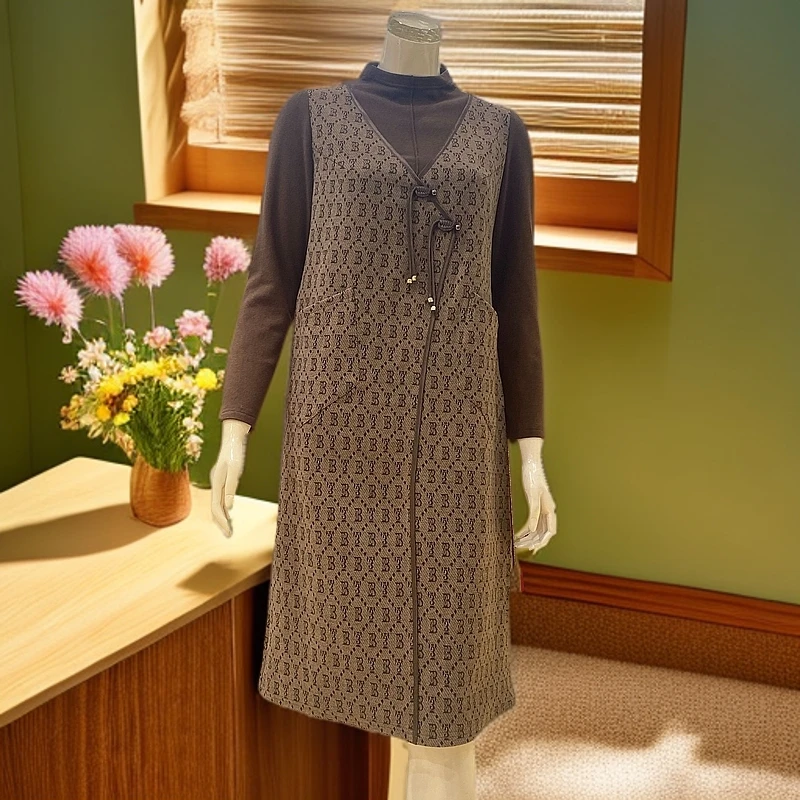 气质连衣裙6001优雅灰色咖色女士修身显瘦时尚洋气百搭拼接中长款