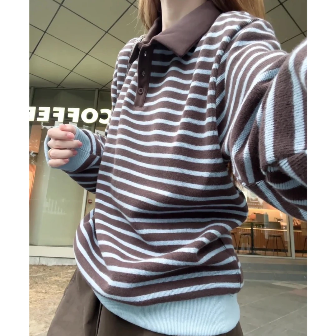 翻领条纹卫衣女2025秋季新款韩版复古百搭撞色宽松休闲长袖上衣