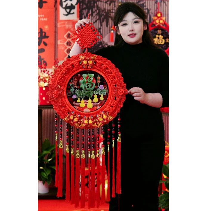【新款桃镶玉】太阳花中国结挂件新年福字客厅玄关挂件桃木家居装饰