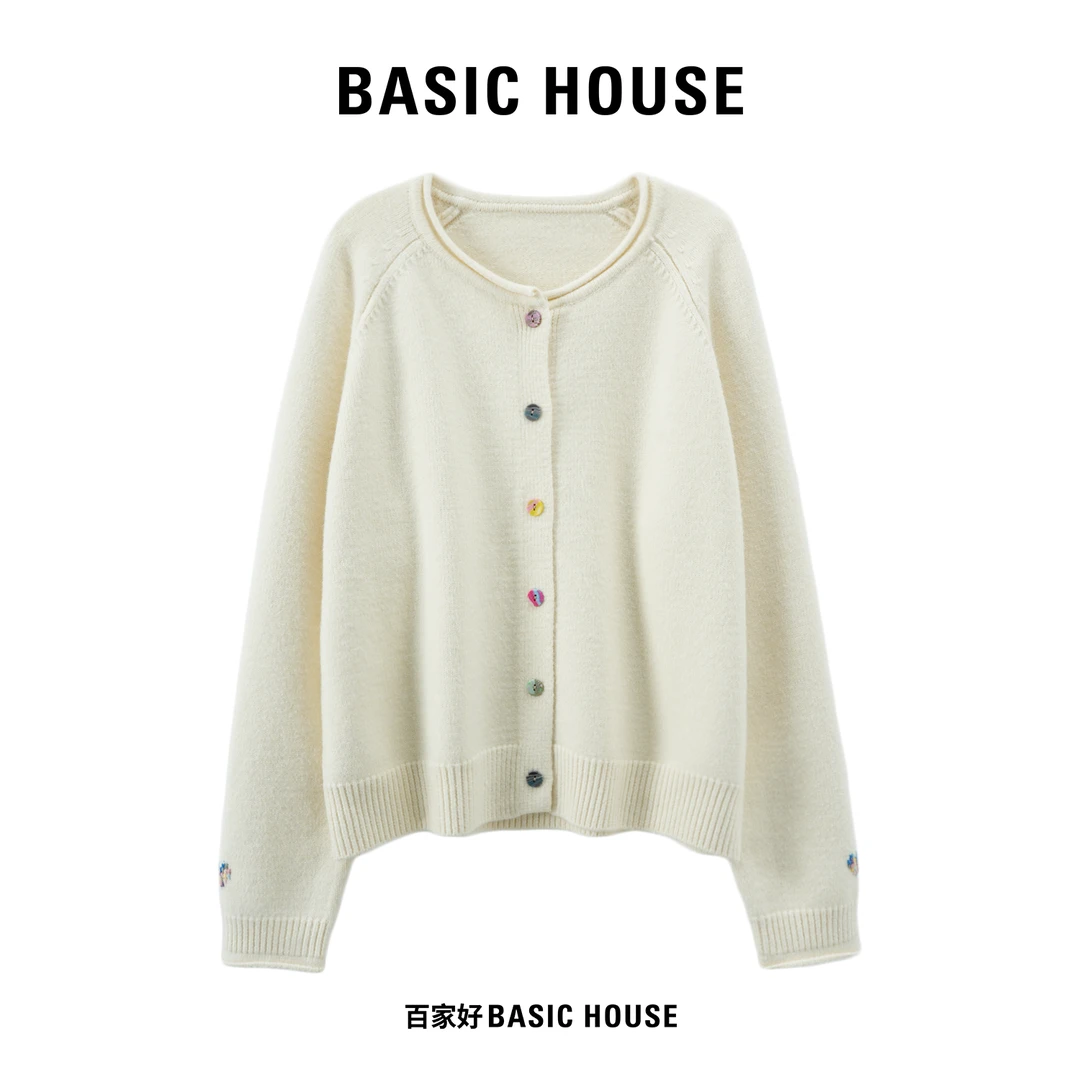 Basic House/百家好2025冬圆领小香风轻奢温柔彩扣毛衣V232 QY