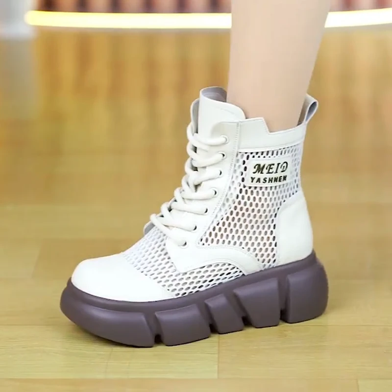 真皮厚底网纱马丁靴女2025夏季新款时尚百搭网面镂空透气网红凉靴