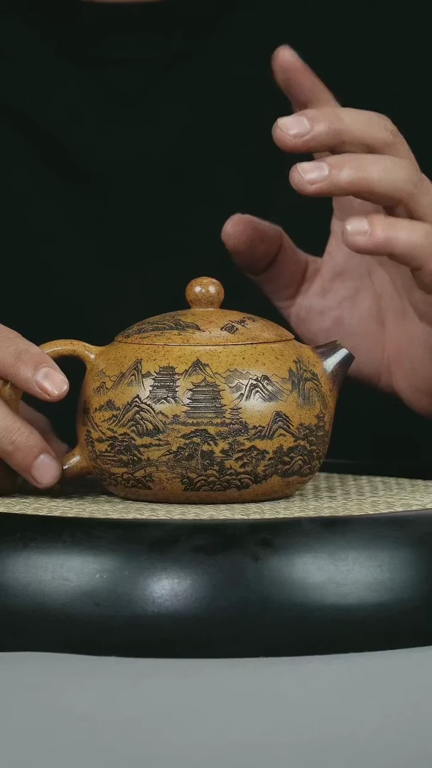 茶壶紫砂 龙骨金砂 西施 刻绘山水