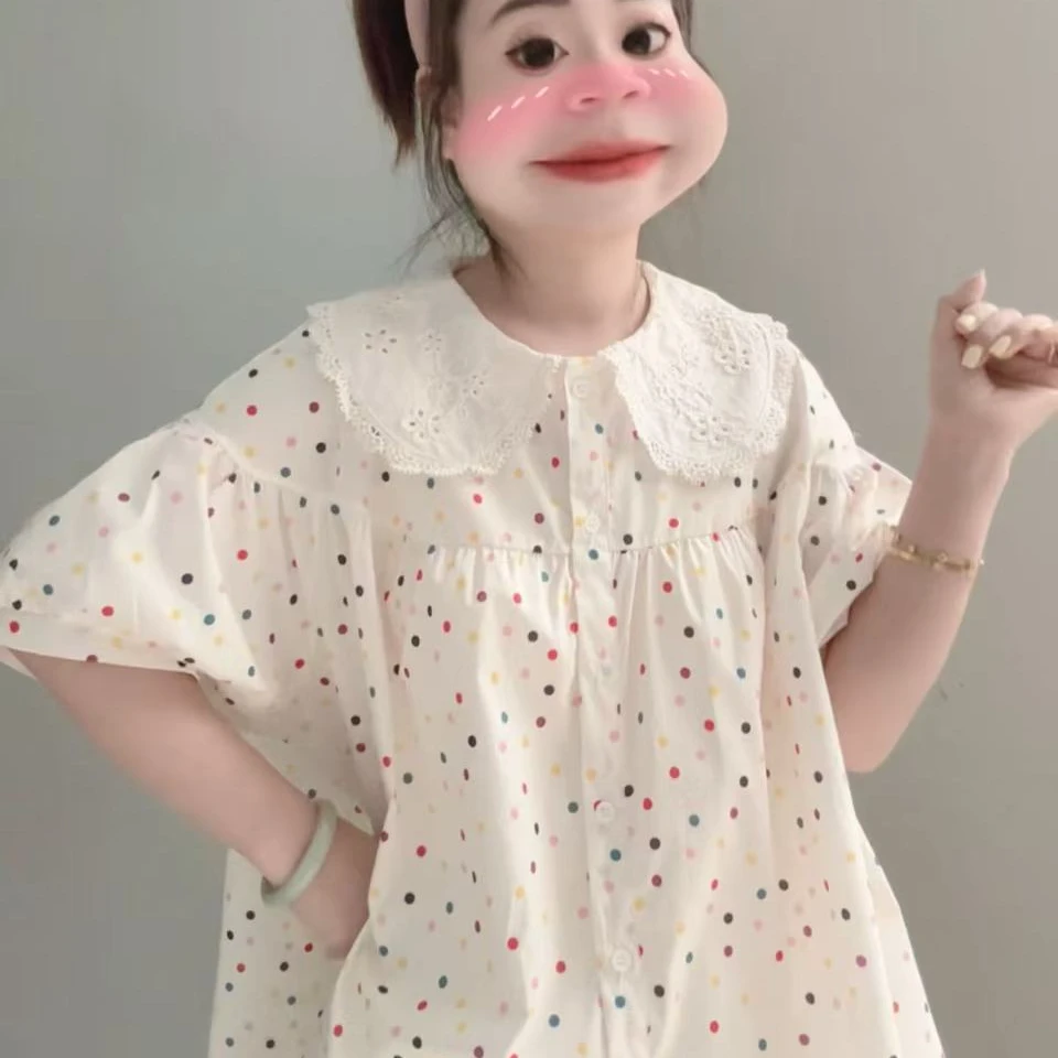 【彩虹甜豆-】 春夏款花边娃娃领彩色波点衬衫女