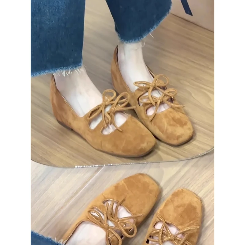 羊皮版~内增高方头蝴蝶结浅口单鞋女小个子复古玛丽珍鞋包头凉鞋