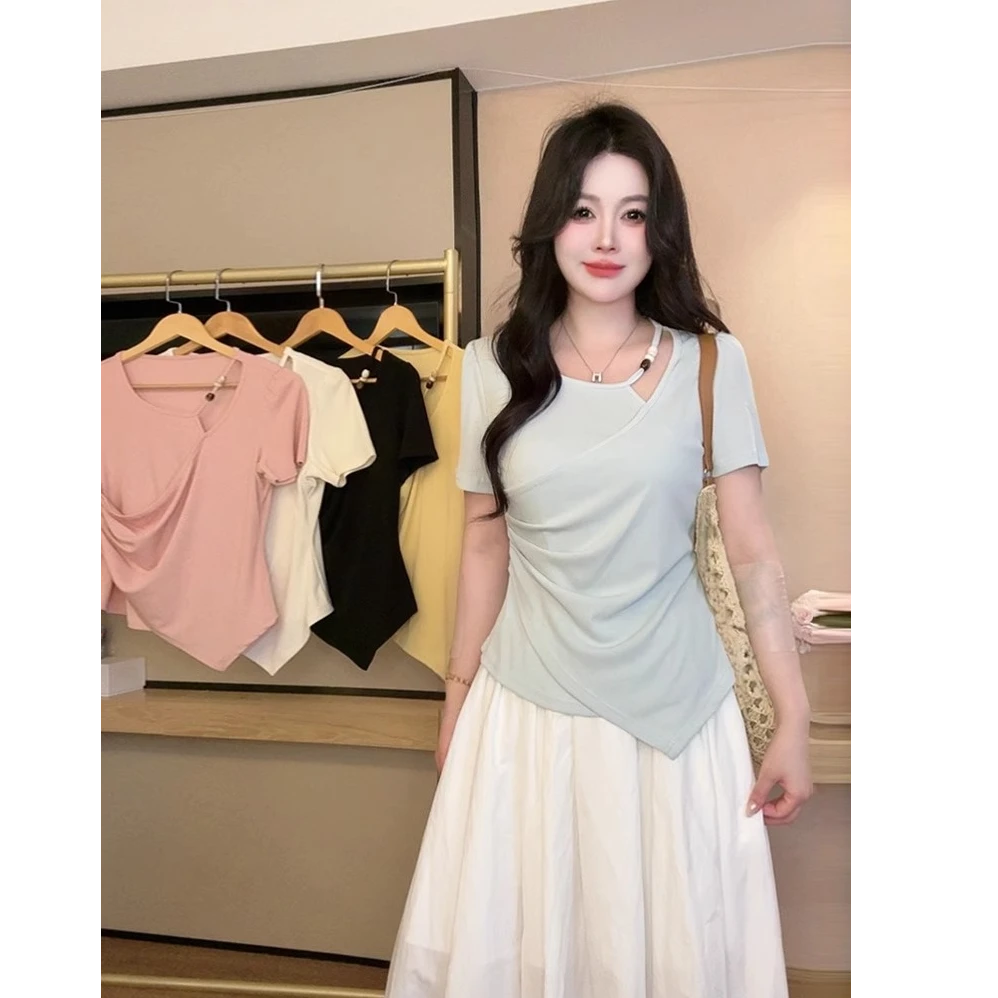 大码胖mm设计感不规则褶皱短袖T恤女夏季显瘦法式风镂空串珠上衣