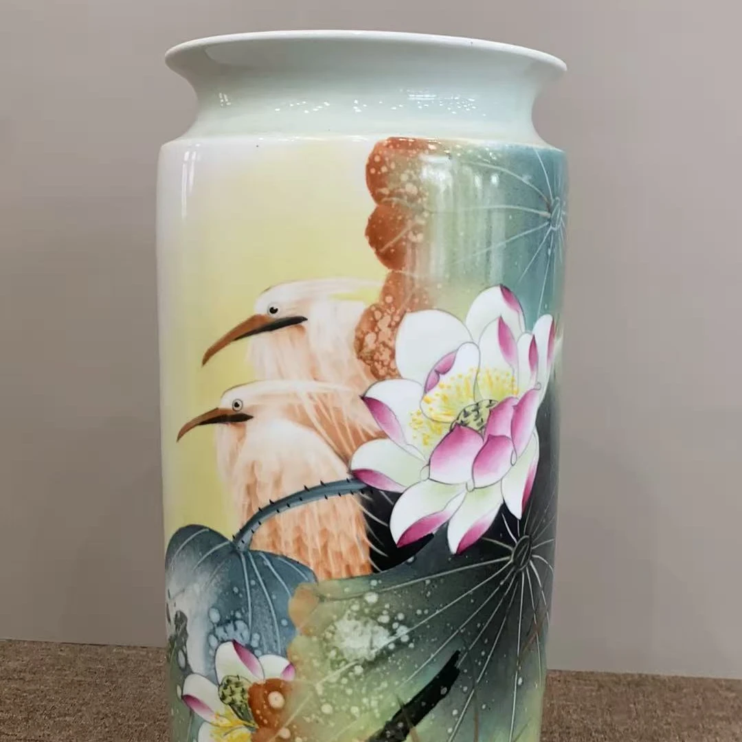 jyq高端陶瓷荷塘玉壶春式陶瓷瓶摆件