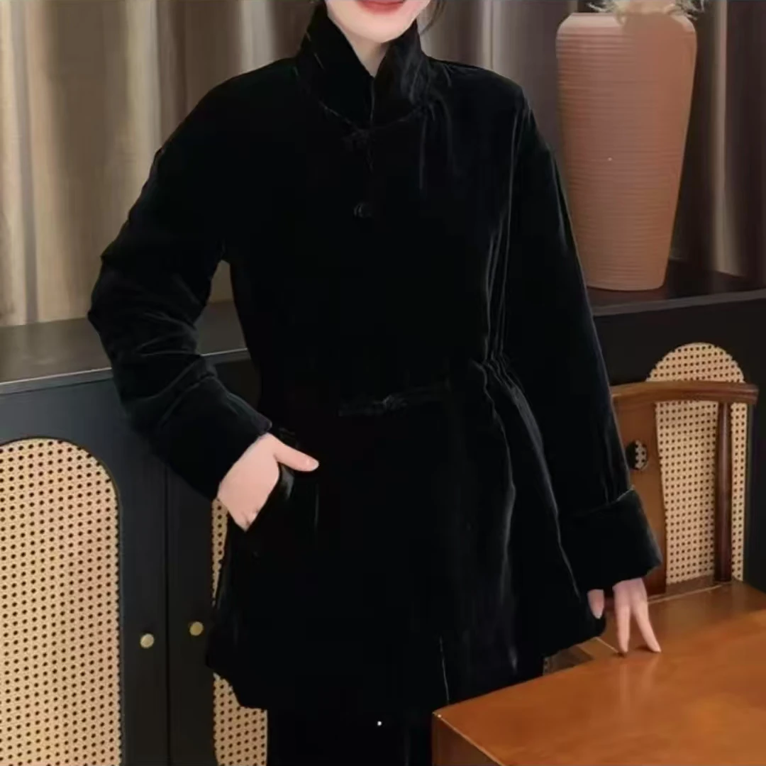 丝绒立领盘扣抽绳收腰国风棉服YY