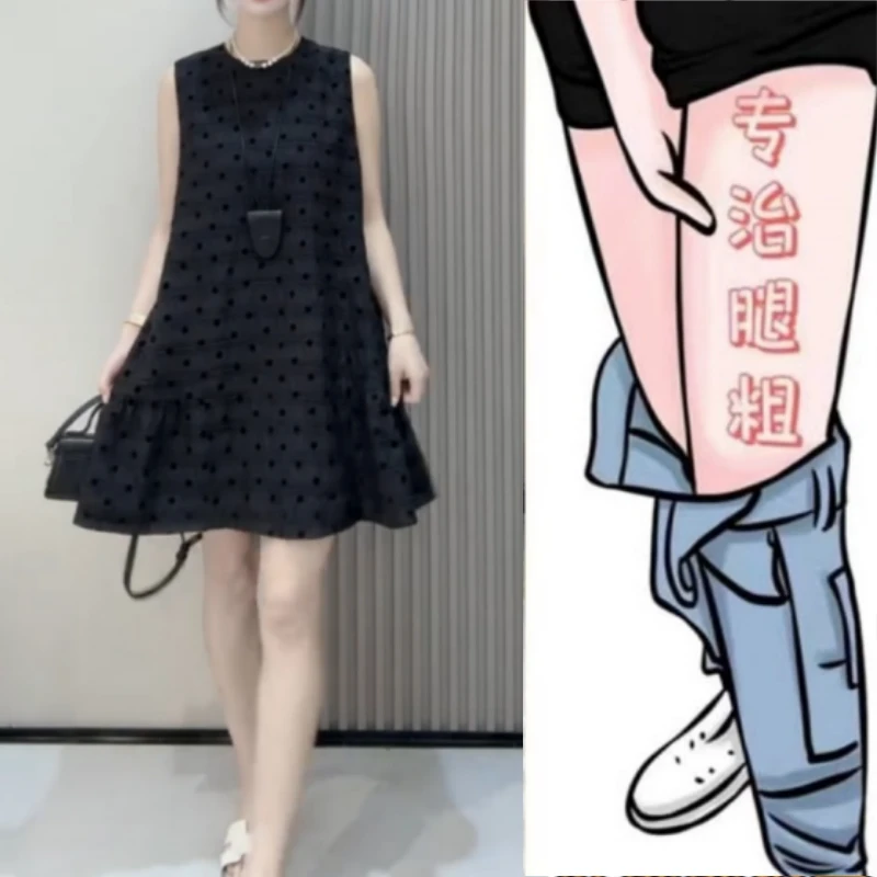 夏季新款胖妹妹薄款舒适圆领宽松显瘦时尚洋气波点无袖连衣小黑裙