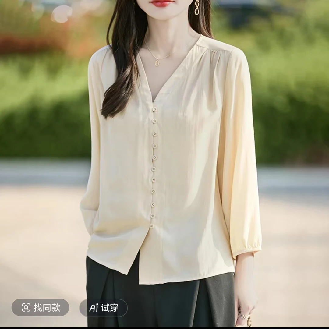 86066AA春夏新款V领复古衬衣百搭上衣气质显瘦时尚法式小衫宽松